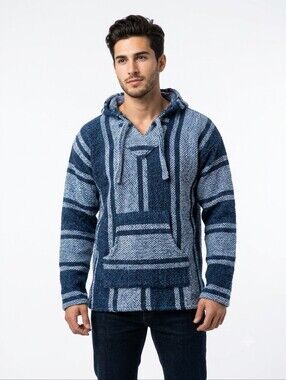 Artesanias Cuamatzi Unisex Striped Baja Pullover Hoodie Knit Sweater Size Med